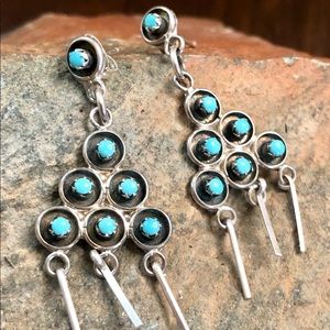 Zuni Indian Jewelry Sterling Silver Turquoise Dangle Storm Petit Point Earrings